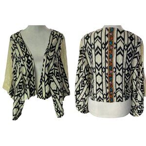 ANAMA Women Open Front Blouse Sz S Black Aztec Design Kimono Lace Sleeve 24-10